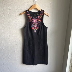 Floral Embroidered faux suede Black Dress